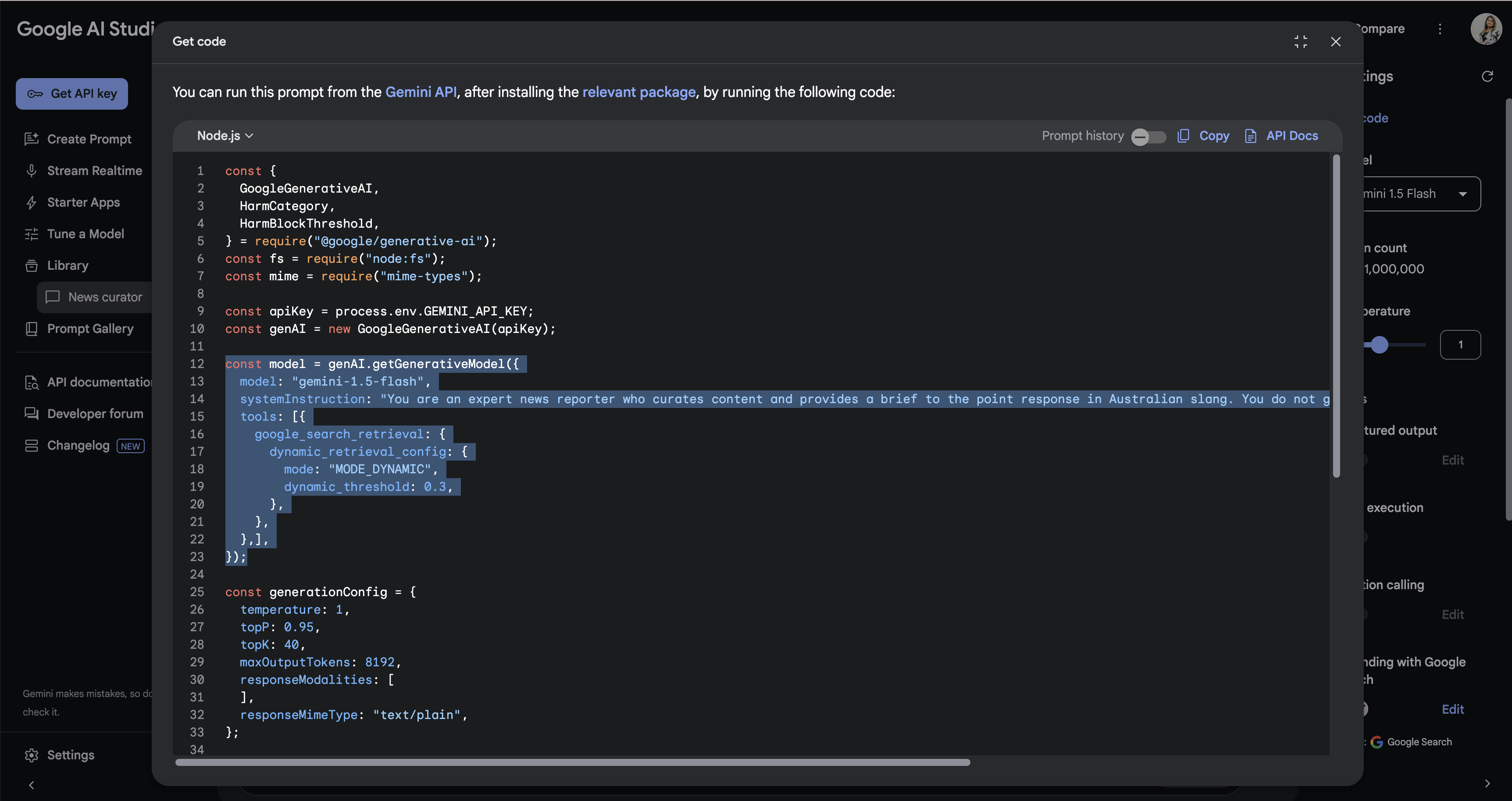 Getting code from AI Studio