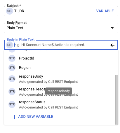 Use autogenerated variable in Email body